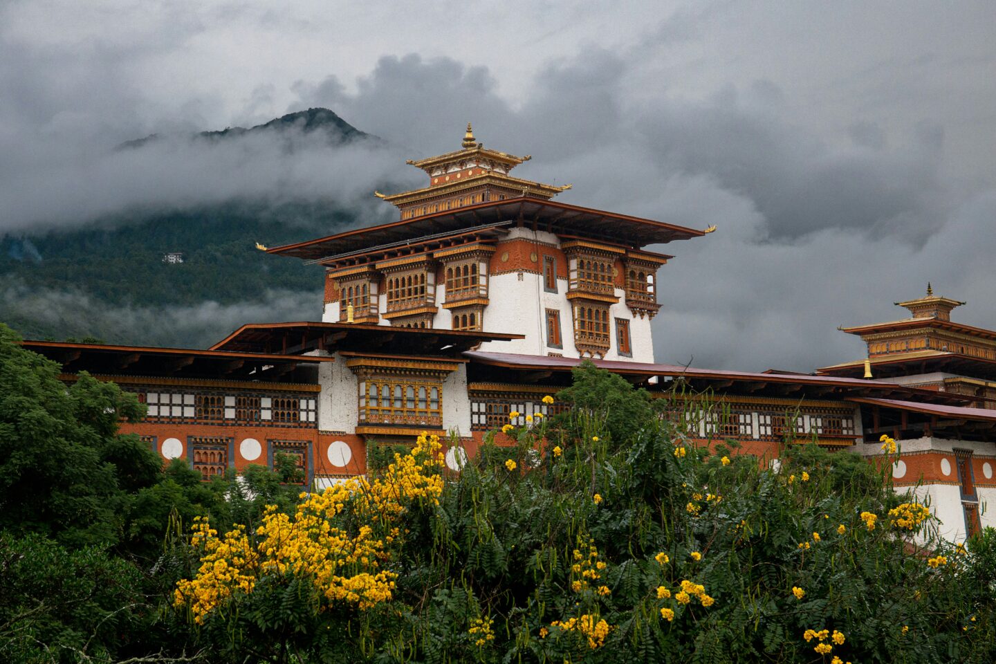 Bhutan scenic views with a mountainous backdrop and mist