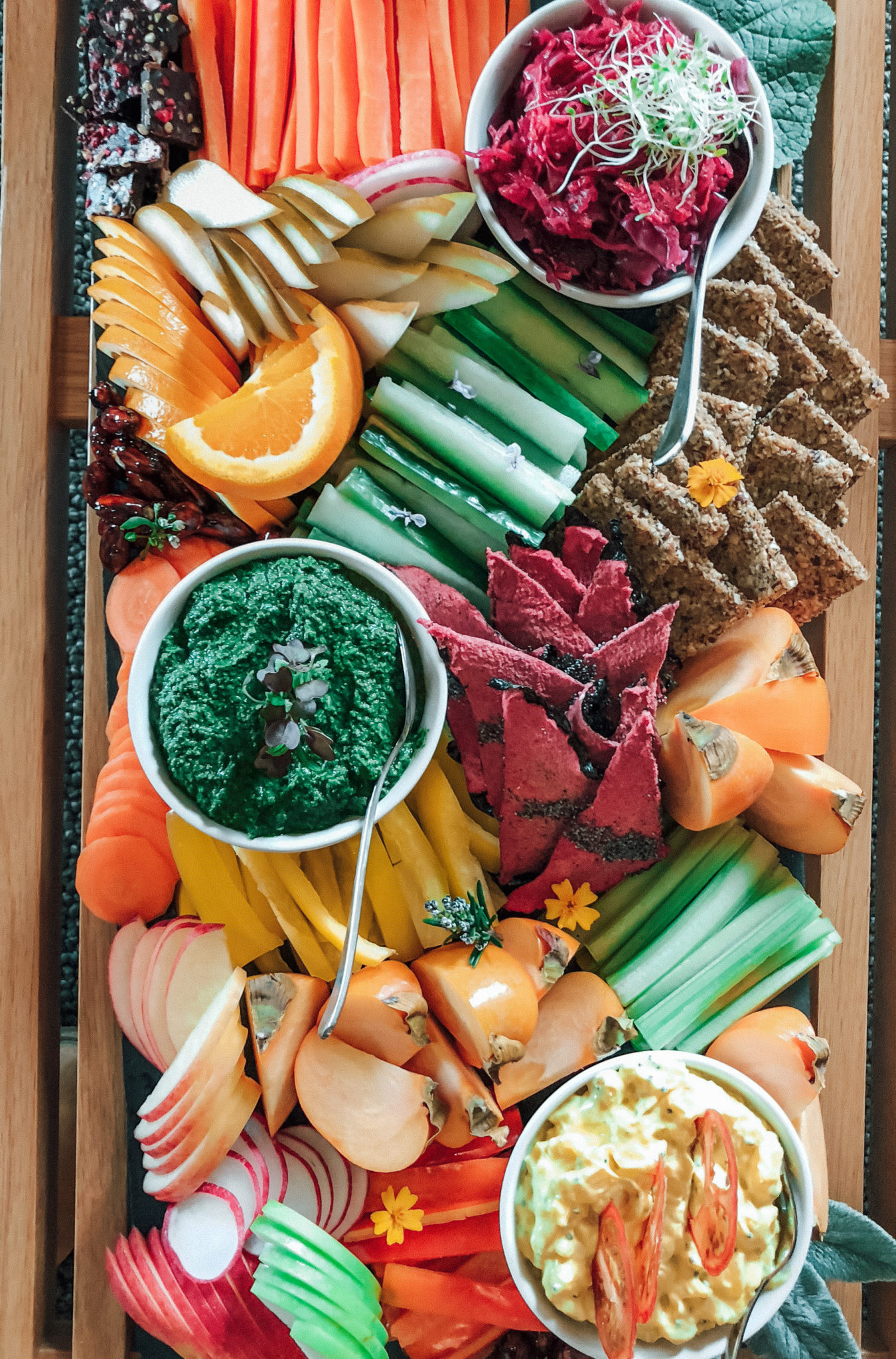 Colourful raw vegetable and fruit platter at Aro Hā