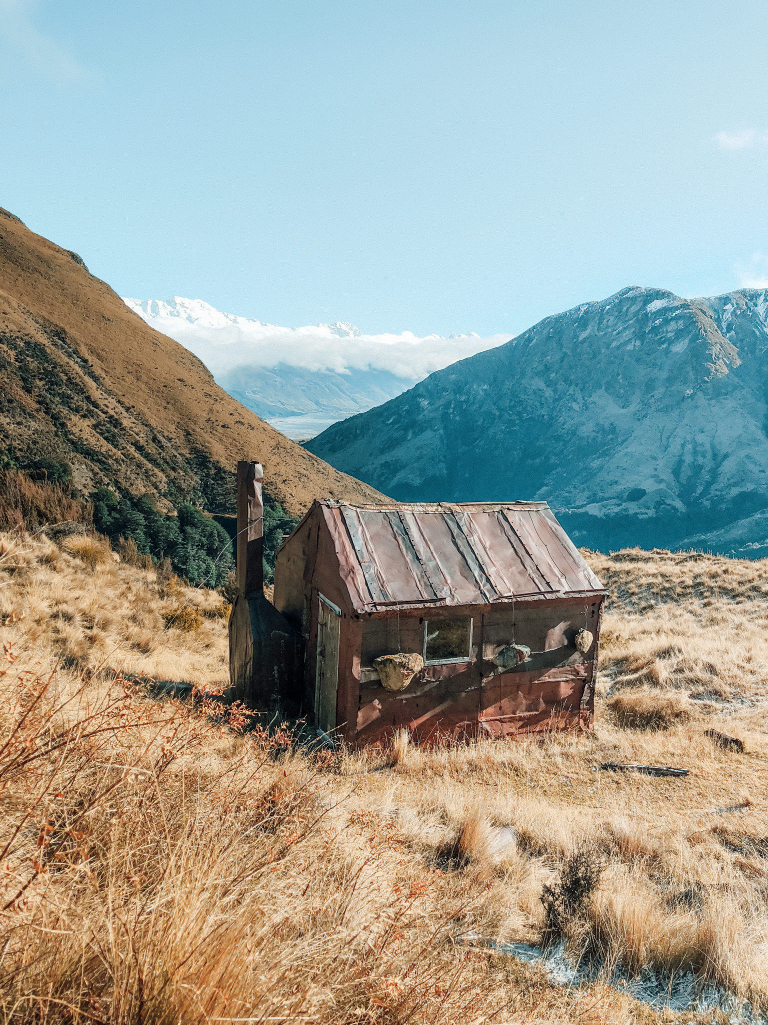 Old hut on a hillside near Aro Hā, Glenorchy